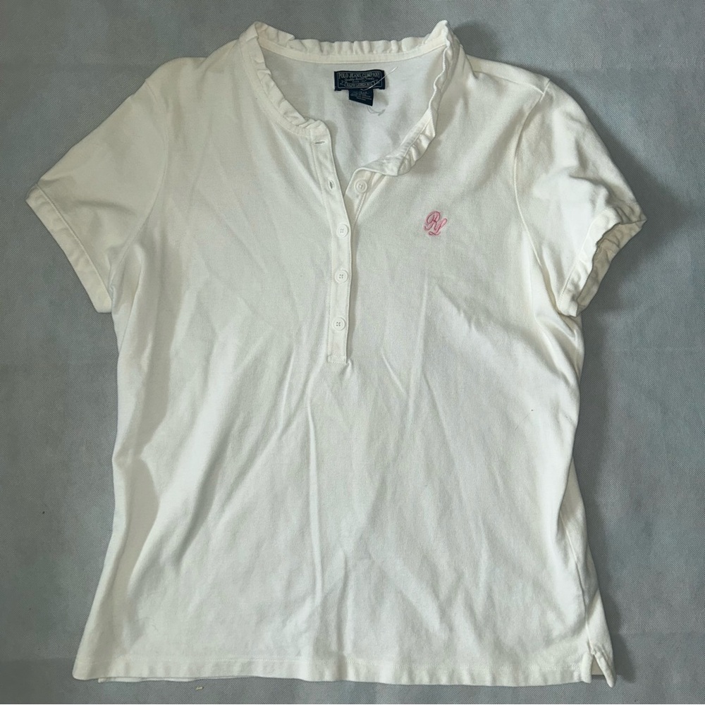 Polo Jeans Company off white ruffle polo with pink embroidery